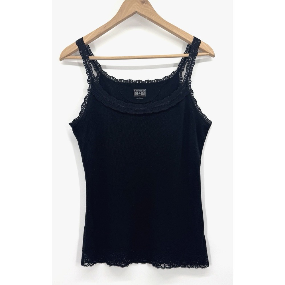Retro 90s Y2K Whimsigoth Converse Large Lace Trim Tank Top Ribbed Fairy Grunge